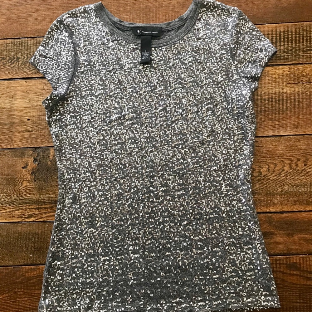 INC Size Med Gray Stretchy T-Shirt With Sequins